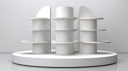 white round pos poi cardboard floor display rack for supermarket blank empty displays with shelves products on white background isolated ready for your design product packing.
