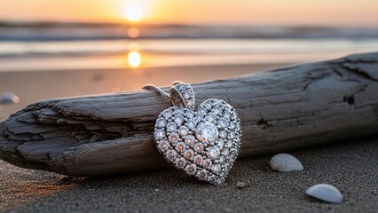 Heart-shaped diamond pendant on beach driftwood