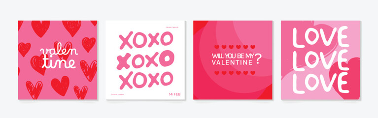 Plakat Happy Valentine's day love square cover vector set. Red and pink romantic symbol with hearts, xoxo and love text. Love illustration for greeting card, web banner, package, cover.