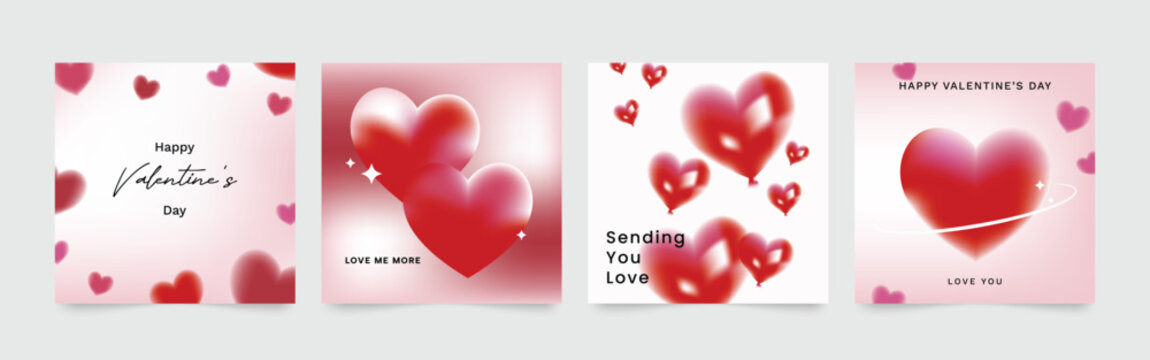 Happy Valentine's day love square cover vector set. Pink and red glossy hearts with sparkle, balloon. Love illustration for greeting card, web banner, package, cover.