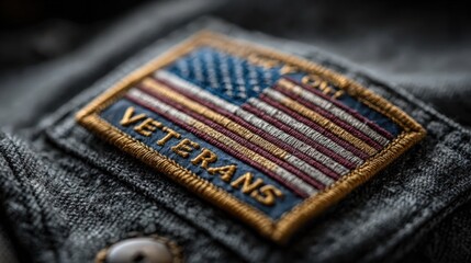 Veteran patch showing American flag on military uniform during a remembrance event held in the afternoon light at a local community center in the United States