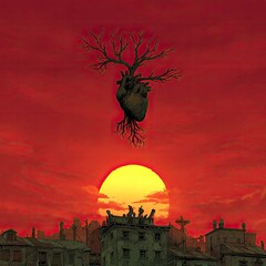 Heart-tree floats over ruined cityscape at sunset