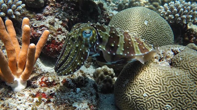 Detailed Close-Up Underwater Shot of a Striped Cuttlefish Camouflaged Among Colorful Coral Reefs and Aquatic Life With Natural Sunlight Filtering Through Clear Water