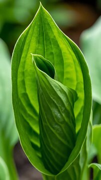 A vibrant green hosta leaf unfurls its delicate layers. Nature's intricate design is revealed in the emerging foliage.
