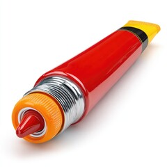 Shiny red paint tube with yellow cap against a white backdrop