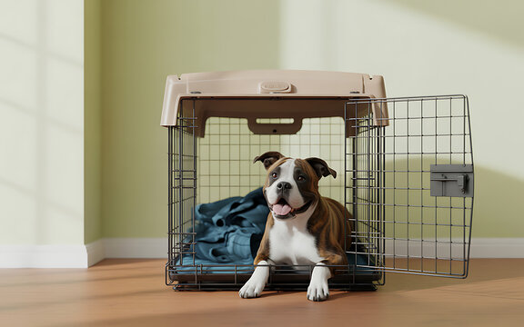 A happy brown and white Boxer dog comfortably rests inside an open pet crate in a sunlit indoor room