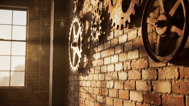 Industrial Vintage Interior With Gears And Brick Wall Perfect For Retro Backgrounds Or SteamPunk