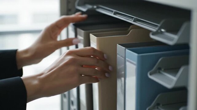 Hands organizing files in a filing cabinet, document management and organization concept