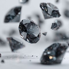 Floating black gems refract light with white backdrop