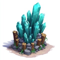 Cyan crystals cluster amid rocks and wooden posts