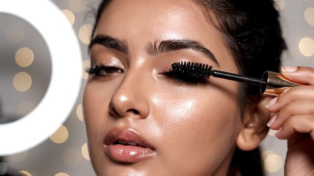 Woman applying mascara with ring light