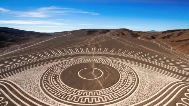Aerial View of Nazca Lines Eye Geoglyph in Desert Landscape, Peru