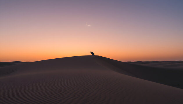 Silhouette of person in sujood on sand dune at sunset with vast gradient sky