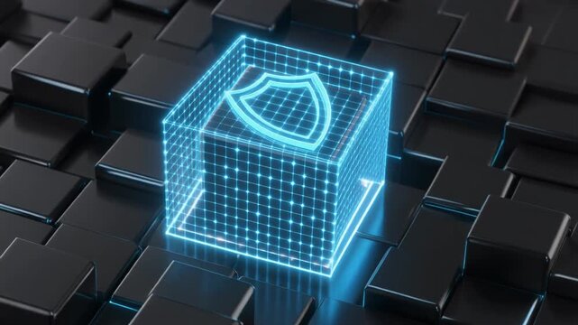 Secure digital shield icon illuminated with blue neon light, representing data protection and cybersecurity concepts on a dark, patterned background