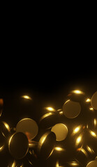 Gold coins falling on black background with copy space 3D render