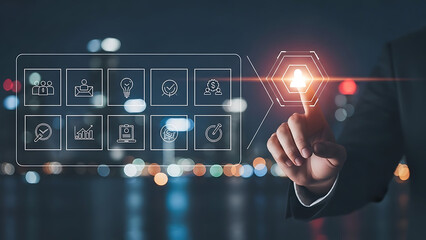 Businessman Interacting with Digital Interface at Night in Urban Environment