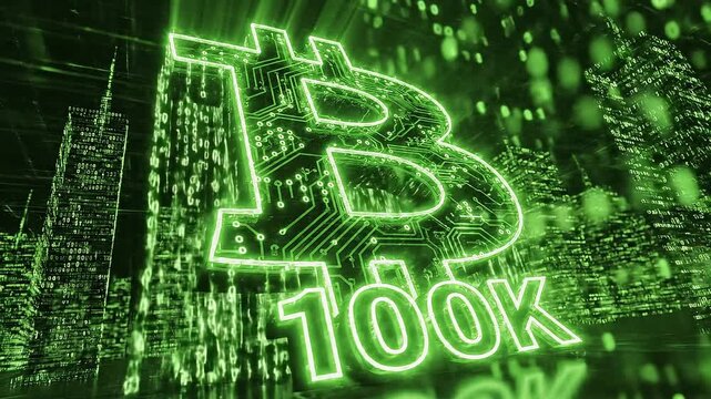 Futuristic Bitcoin Logo with 100K Price Milestone in Digital Green Matrix Background