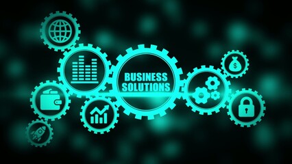 Business solutions concept with teal gears and on dark background finance