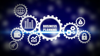 Business planning concept with gear and financial symbols on blue background gears strategy