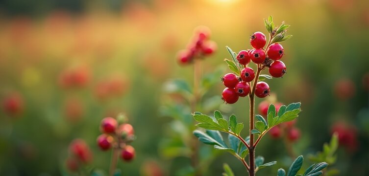 Red berries grow on a thorny branch with green leaves. The background shows a blurred field of plants with golden sunlight. This scene highlights nature and wild flora. - Powered by Adobe