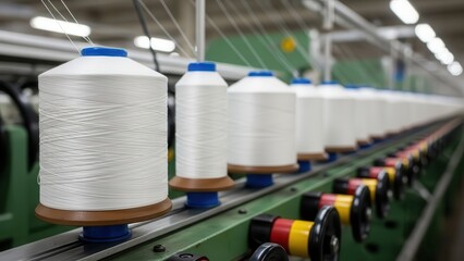 Rows of white thread spools on a textile manufacturing machine in a factory.