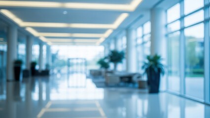 Blurred long modern office building hallway or lobby with large windows and potted plants, creating a bright and airy corporate interior background.