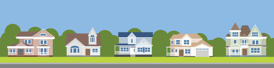 City houses seamless pattern. Horizontal banner, website border. Vector illustration.