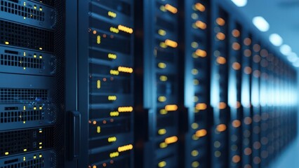 Rows of glowing server racks in a modern data center