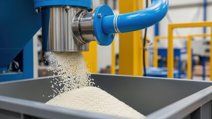White plastic pellets falling from a machine into a container in a factory