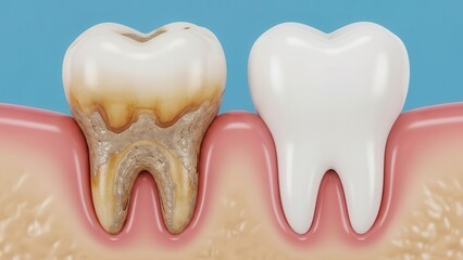 Comparison of healthy and unhealthy molar teeth with plaque and tartar on blue background