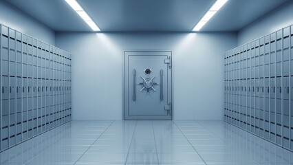 Secure vault room with large safe door and rows of safe deposit boxes