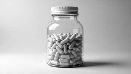 Clear glass jar filled with white capsules isolated on white background