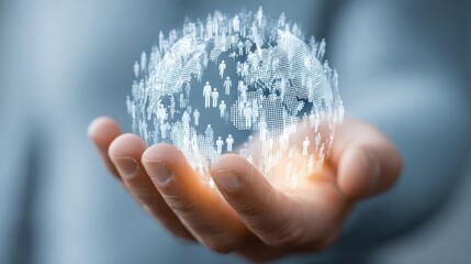 Hand holding digital figures representing people and a global map showing connection in a modern design setting during daytime