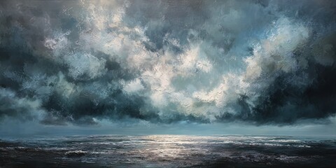 The scene is dominated by dark, swirling clouds and a choppy ocean, suggesting a moment of intense weather