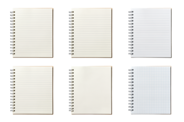 Set of six spiral-bound notebooks with various page styles