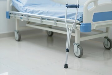 Hospital bedside with crutches leaning against an empty patient bed