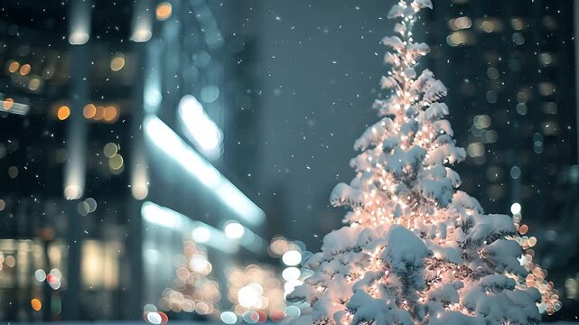 Glowing Christmas Trees Line a Snowy Modern City Sidewalk