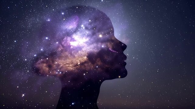 Double Exposure Silhouette of a Woman and a Purple Galaxy