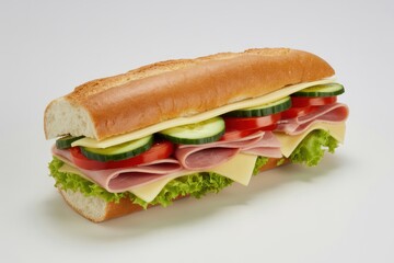 Long sandwich with ham cheese lettuce tomato and cucumber on white