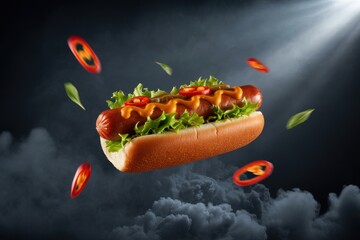 Hot dog with lettuce chili and mustard sauce floating in dark clouds sausage chili slices