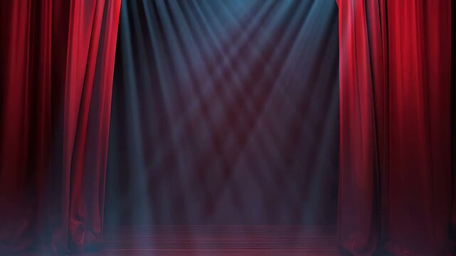 Red Theater Curtains Opening on Stage with Dramatic Spotlights