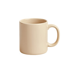 Simple beige ceramic mug with handle isolated.