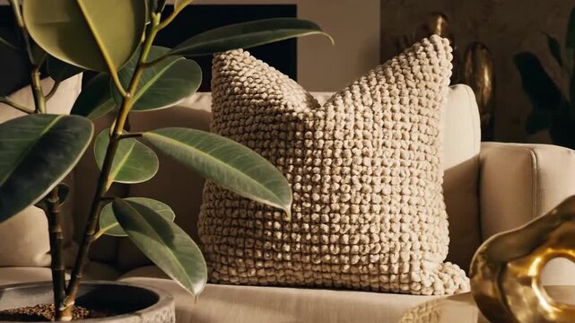 Interior Elegance Plants With Golden Accents In Modern Living Room D?cor And Warm Lighting