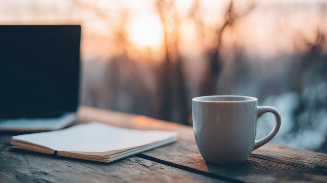 Warm drink and notebook on a wooden table during sunset by the window - Powered by Adobe