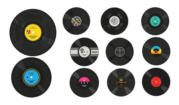 Retro vinyl LP disc vector icons set for techno and disco DJ equipment isolated on white background