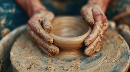 Hands form a clay bowl on a pottery wheel during pottery class