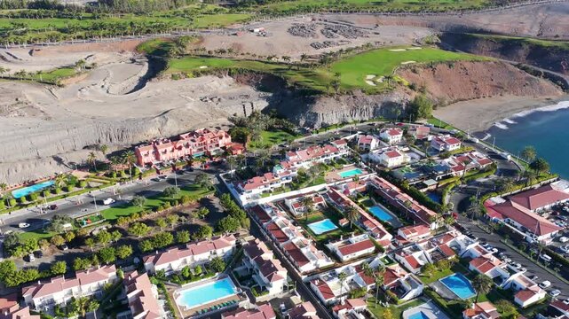 Aerial of Meloneras Golf Course and Pasito Blanco Private Marina, Featuring Luxury Yacht Berths and Frontline Villa Estates, Gran Canaria, Spain