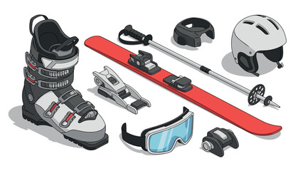 Essential winter sports gear in isometric design for skiing adventures
