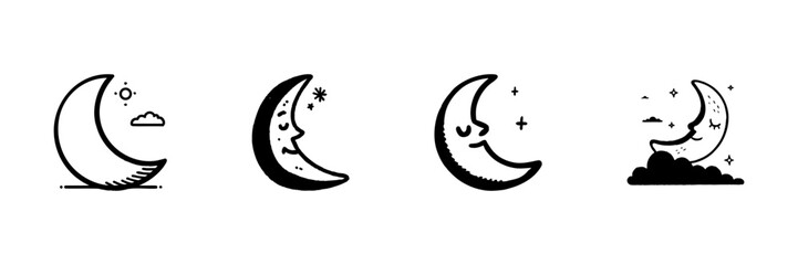 Obraz premium Crescent Moon With Stars And Clouds In Hand Drawn Style Set. Nighttime Serenity, Dreamy Atmosphere, Sleep Symbol Doodle Sketch Collection. Celestial Theme. Isolated Vector Illustration