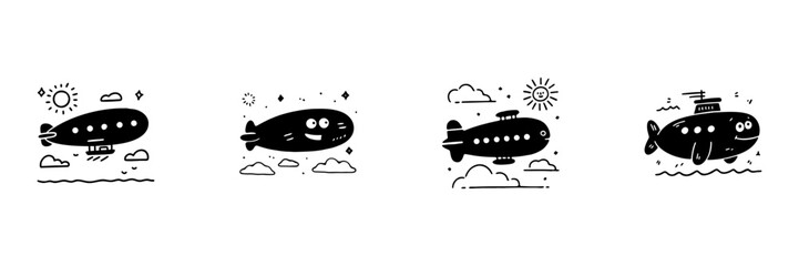Fototapeta premium Airship And Submarine Doodle Icons In Hand Drawn Style Set. Whimsical Transportation, Aviation, And Nautical Exploration Sketch Collection. Playful Cartoon Design. Isolated Vector Illustration